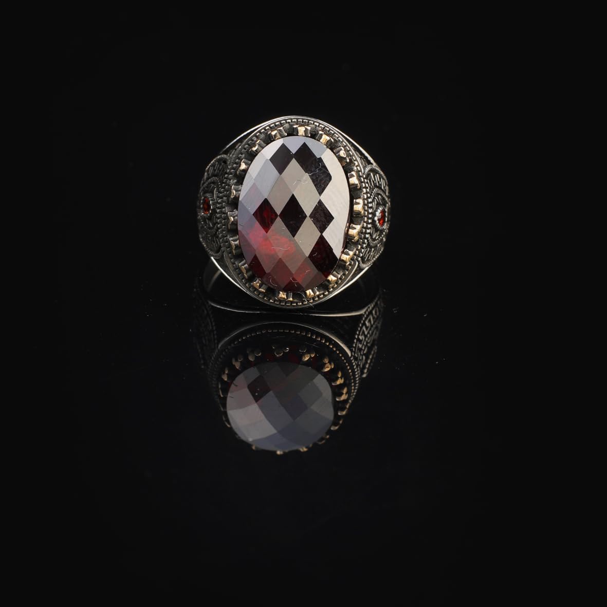 925 Sterling Silver Garnet Ring – Oval Ottoman Gemstone Ring for Men