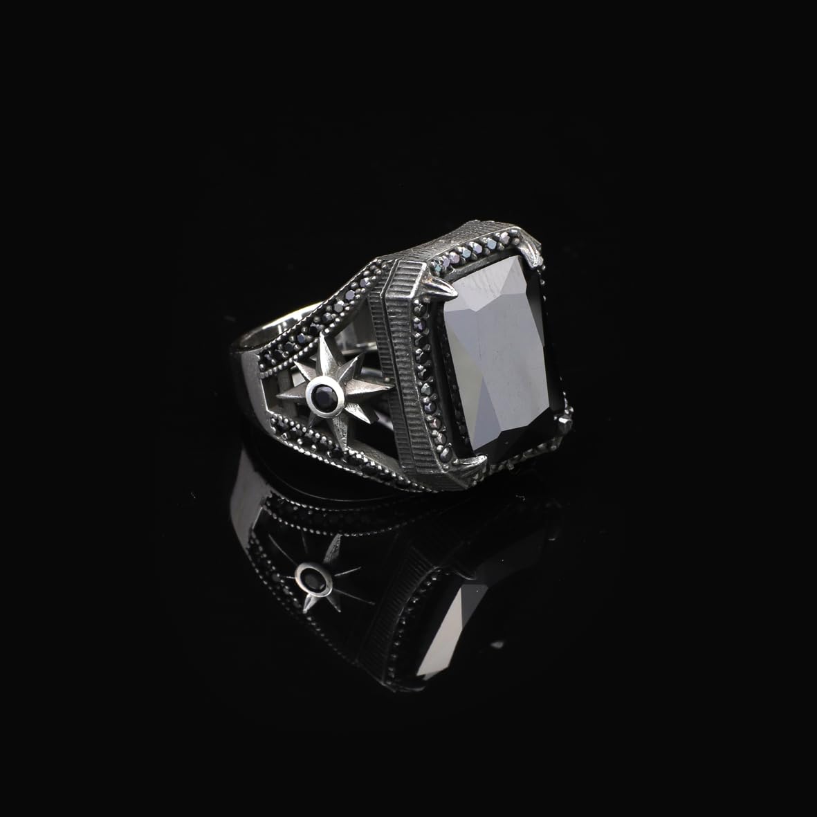 Black Onyx Ring for Men - Pole Star 925 Sterling Silver Jewelry - Men's Sterling Silver Ring with Black Onyx - Birthday Gifts