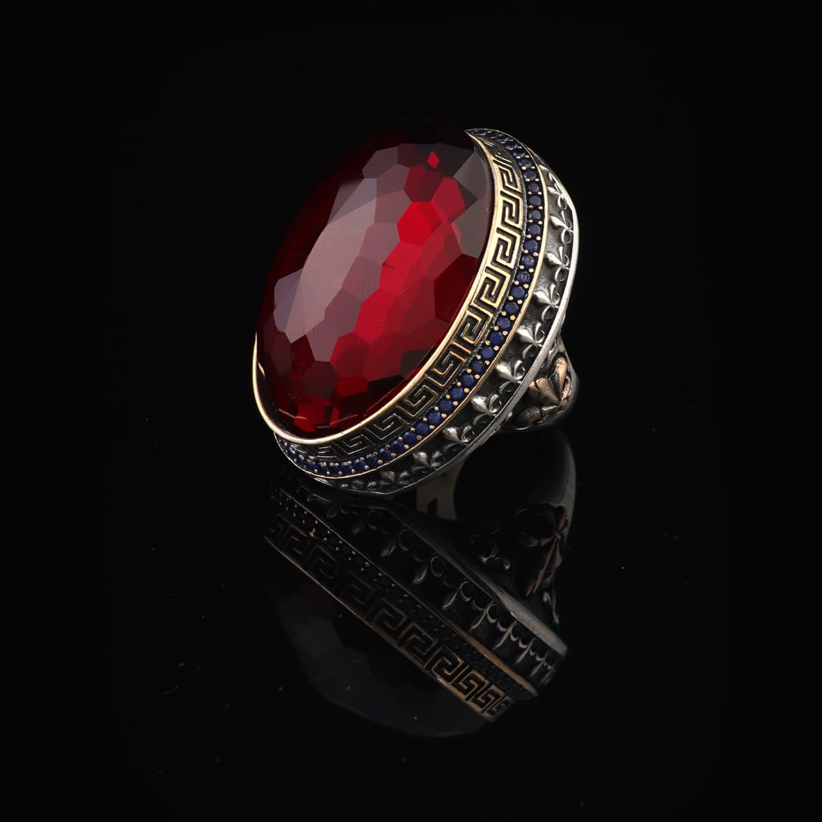 Iris Flower Model Garnet Ring - Chunky Sterling Silver Engagement Ring for Men