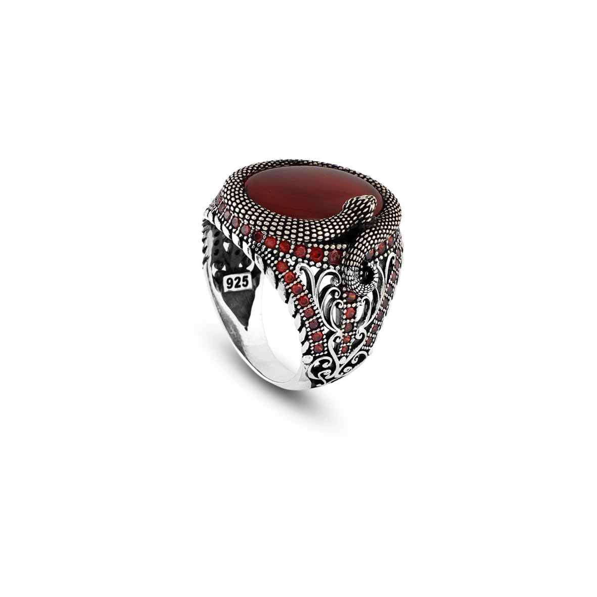 Men’s Snake Carnelian Ring - Handmade Animal Pinky Ring in Sterling Silver