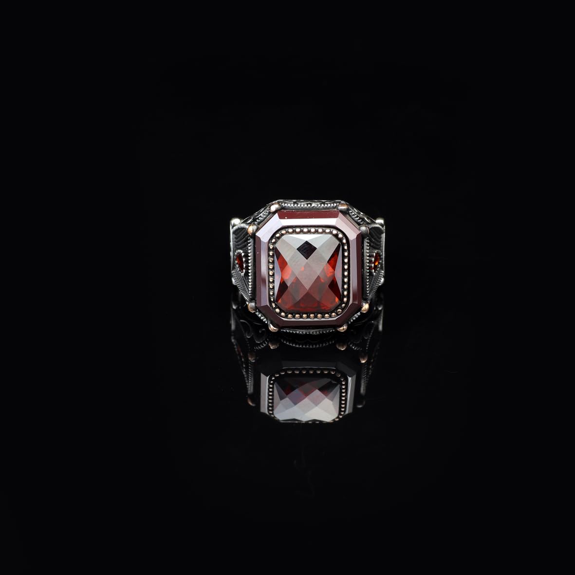 Vintage Garnet Ring for Men – Handmade 925 Sterling Silver Turkish Engagement Ring with Polished Finish – Men's Gemstone Ring with Silver Polishing Cloth Gift