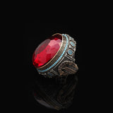 Garnet and Micro Turquoise Ring – Large Oval Vintage Men’s Ring in Polished 925 Sterling Silver — image 5