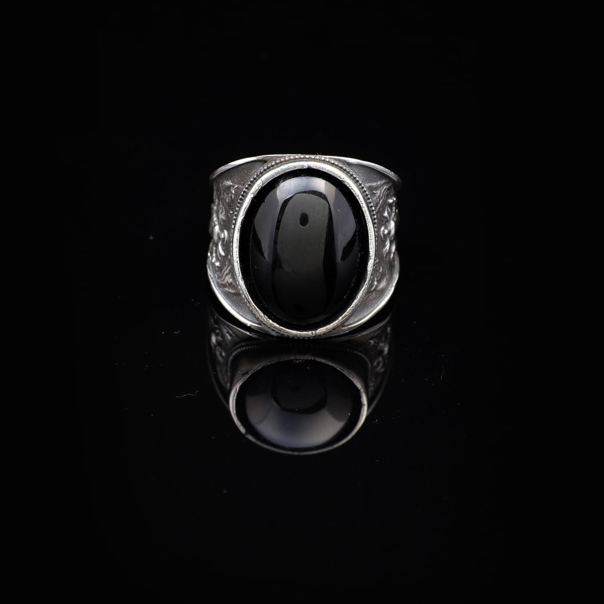 Handmade Virgin Mary Signet Ring – Black Onyx Oval Stone