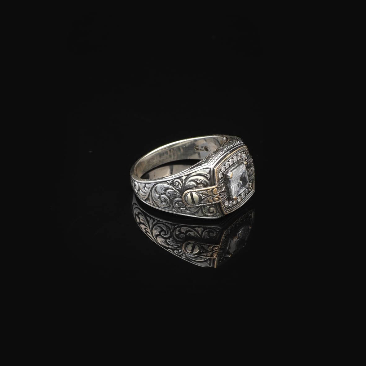 Vintage White Sapphire Pinky Ring - Men's Gemstone Engagement Ring in 925 Sterling Silver - Turkish Handmade Polished Ring with Micro Stone and Silver Polishing Cloth Gift