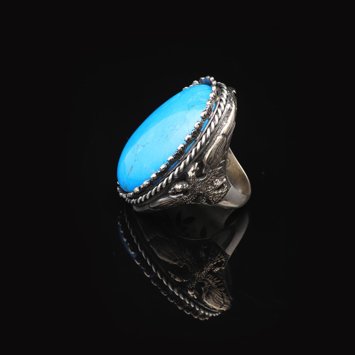 Vintage Turquoise Eagle Ring for Men - Large Oval Stone 925 Sterling Silver Turkish Handmade Polished Engagement Ring with Silver Polishing Cloth Gift