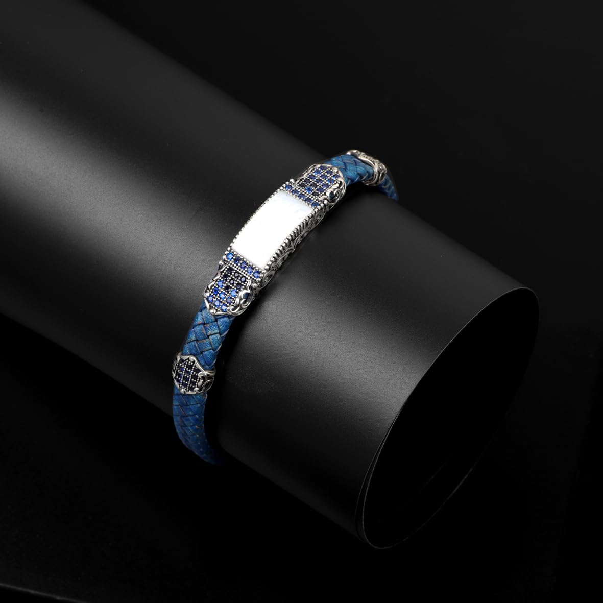 Vintage Men’s Bracelet – Handmade Leather and Sterling Silver Bracelet with Natural Mother of Pearl Gemstone
