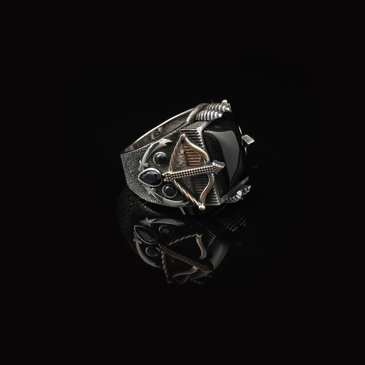 Vintage Onyx Sword Ring with Bow and Arrow Design – Handmade Sterling Silver Gemstone Ring for Men