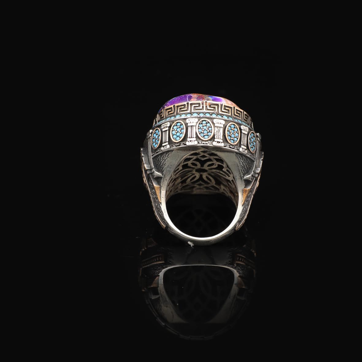 Handmade Special Turquoise and Micro Stone Ring – Large Oval Stone in Vintage Polished 925 Sterling Silver