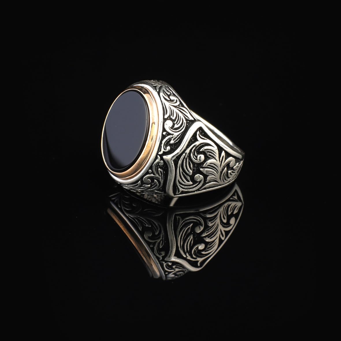 Handmade Black Onyx Signet Ring - Vintage Sterling Silver Pinky Ring for Men - Custom Engraving Available - Ottoman Style Jewelry - Perfect Engagement Ring