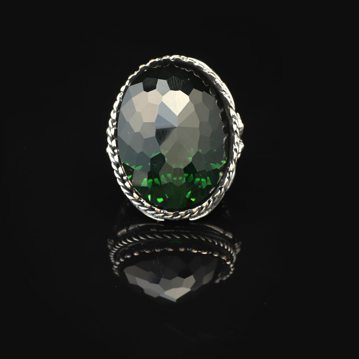 Vintage Emerald Eagle Ring for Men - Large Oval Stone 925 Sterling Silver Turkish Handmade Polished Engagement Ring with Silver Polishing Cloth Gift