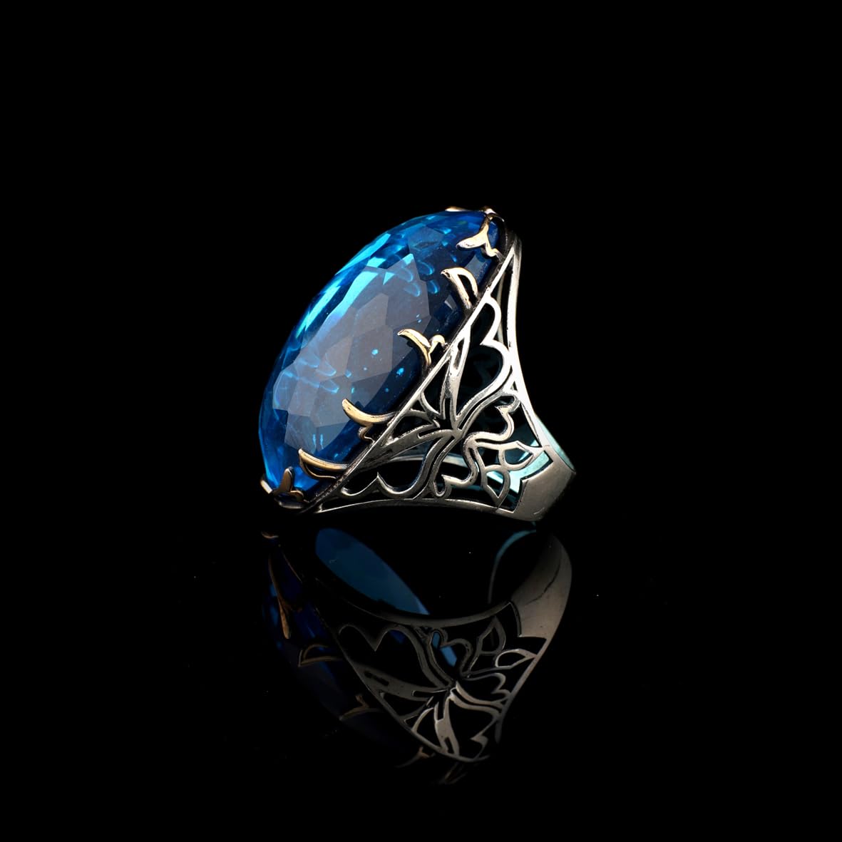 Chunky Silver Aquamarine Ring – Handmade Ottoman Engagement Ring for Men