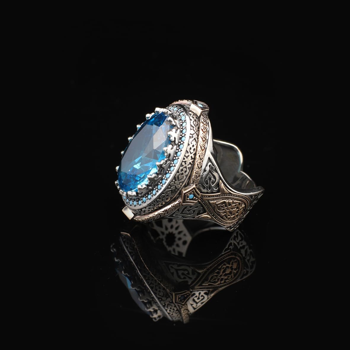 Aquamarine Ottoman Gemstone Ring for Men – 925 Sterling Silver Vintage Handmade Rings – Custom Engraving  Engagement Ring with Gift Silver Polishing Cloth
