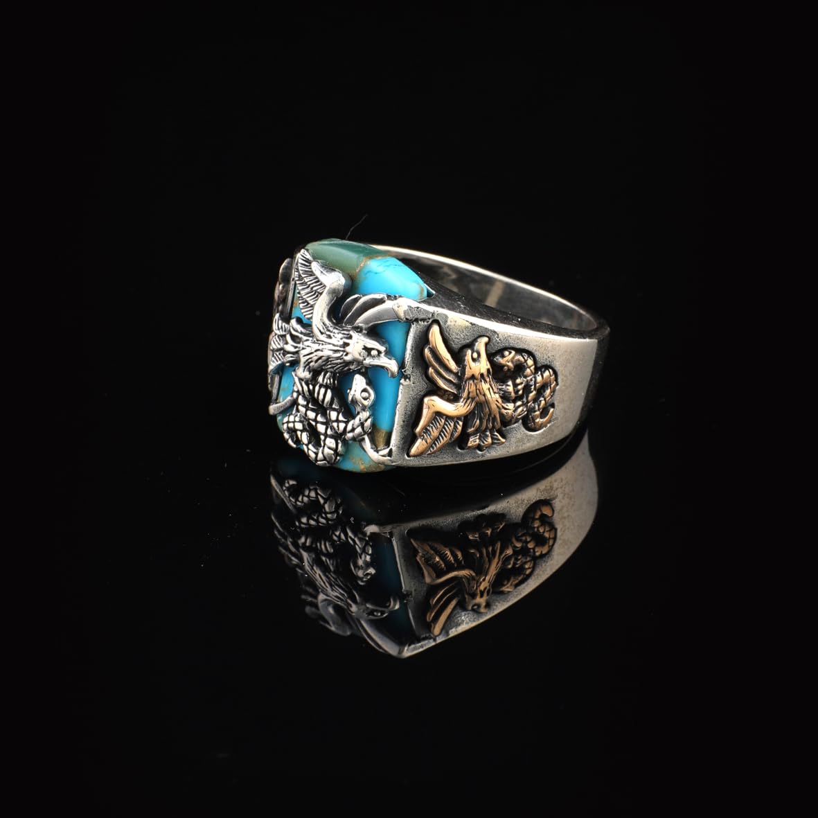 Handmade Snake Ring with Eagle Model - Men's Turquoise Signet Pinky Ring in Sterling Silver - Custom Engraving Vintage Engagement Ring - Gift Silver Polishing Cloth Included