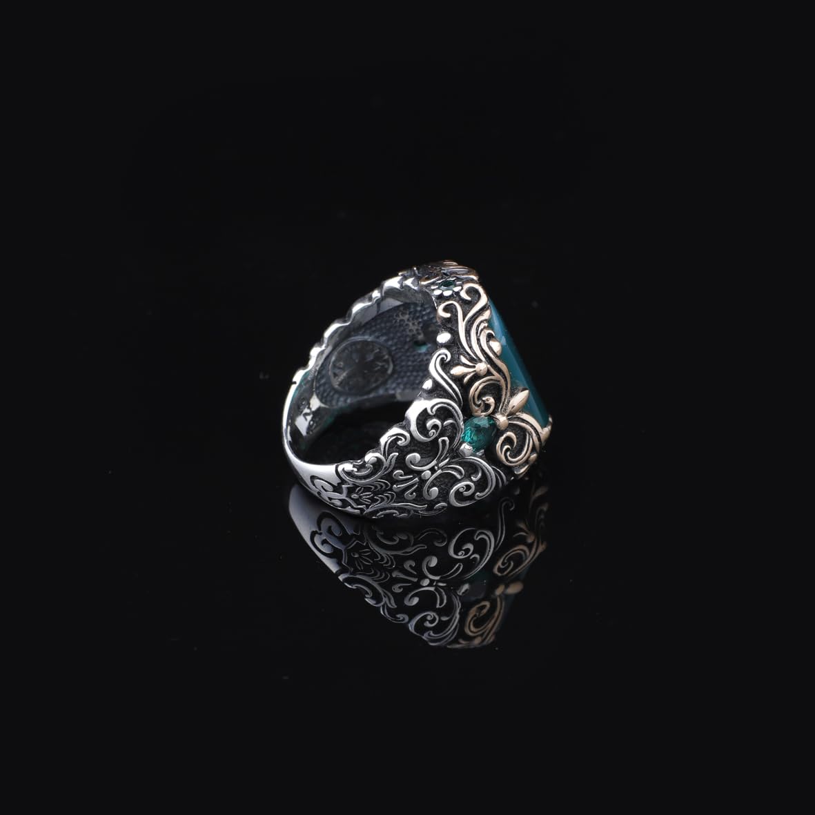 Handmade Jade Ring in Ottoman Style - 925 Sterling Silver Men's Gemstone Jewelry
