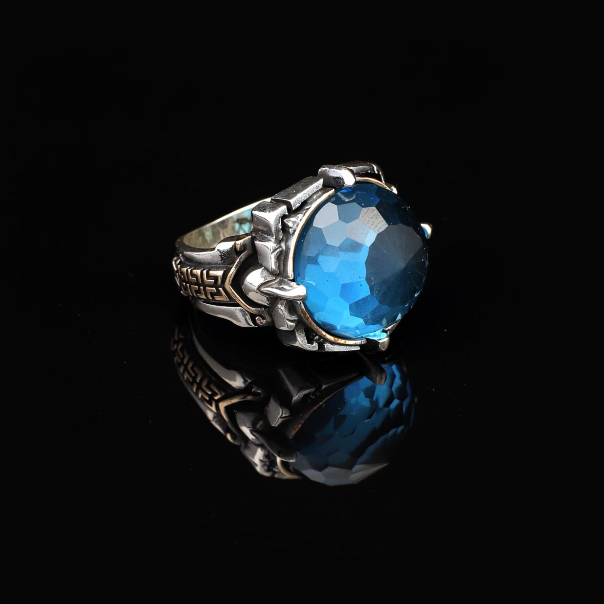Men's Ring - Man Silver Aquamarine Stone Gemstone Ring in 925 Sterling Silver