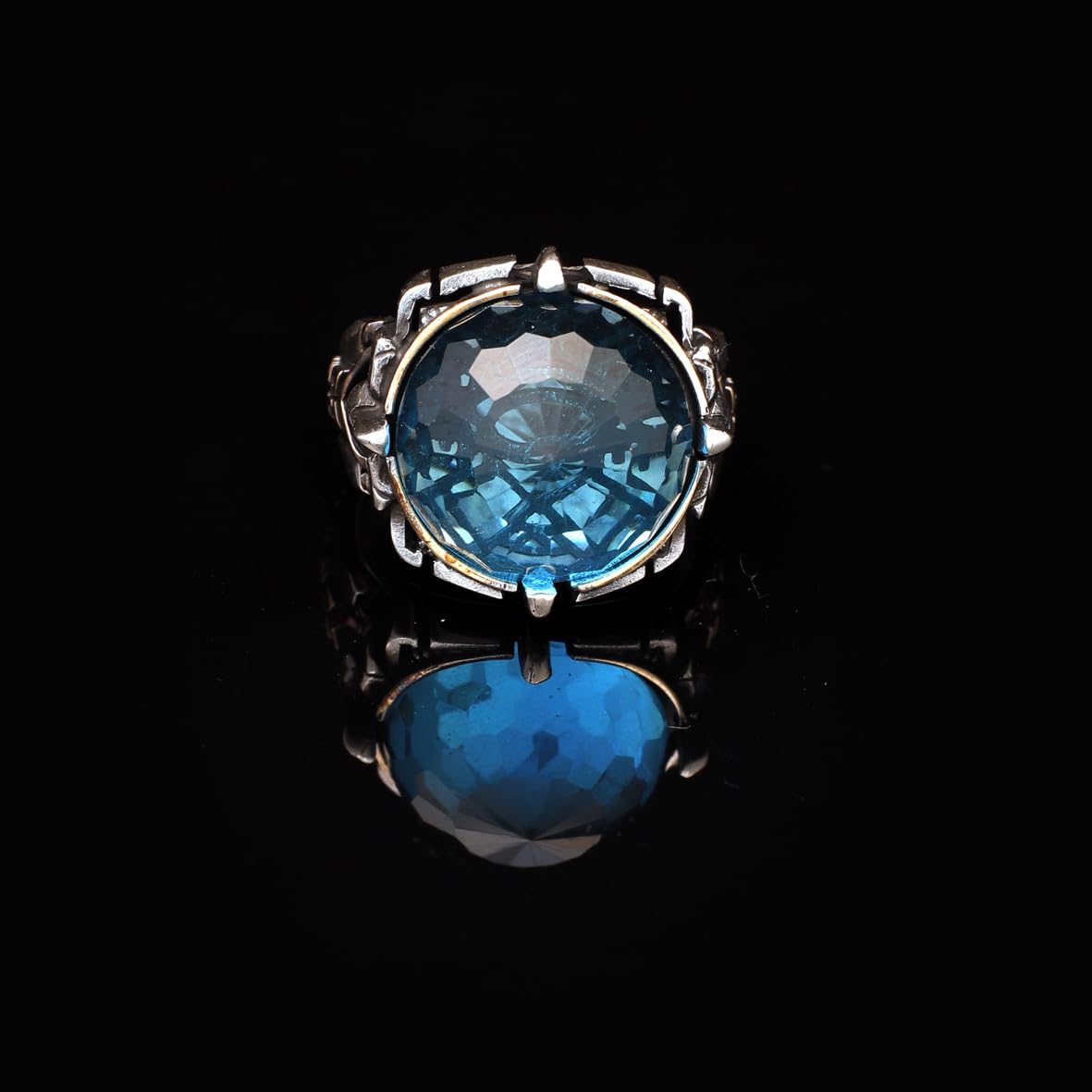 Men's Ring - Man Silver Aquamarine Stone Gemstone Ring in 925 Sterling Silver