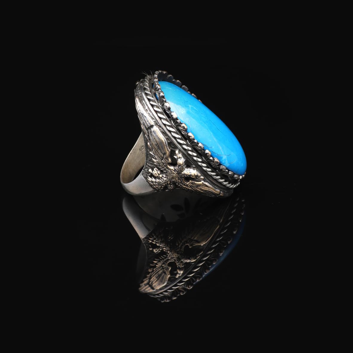 Vintage Turquoise Eagle Ring for Men - Large Oval Stone 925 Sterling Silver Turkish Handmade Polished Engagement Ring with Silver Polishing Cloth Gift