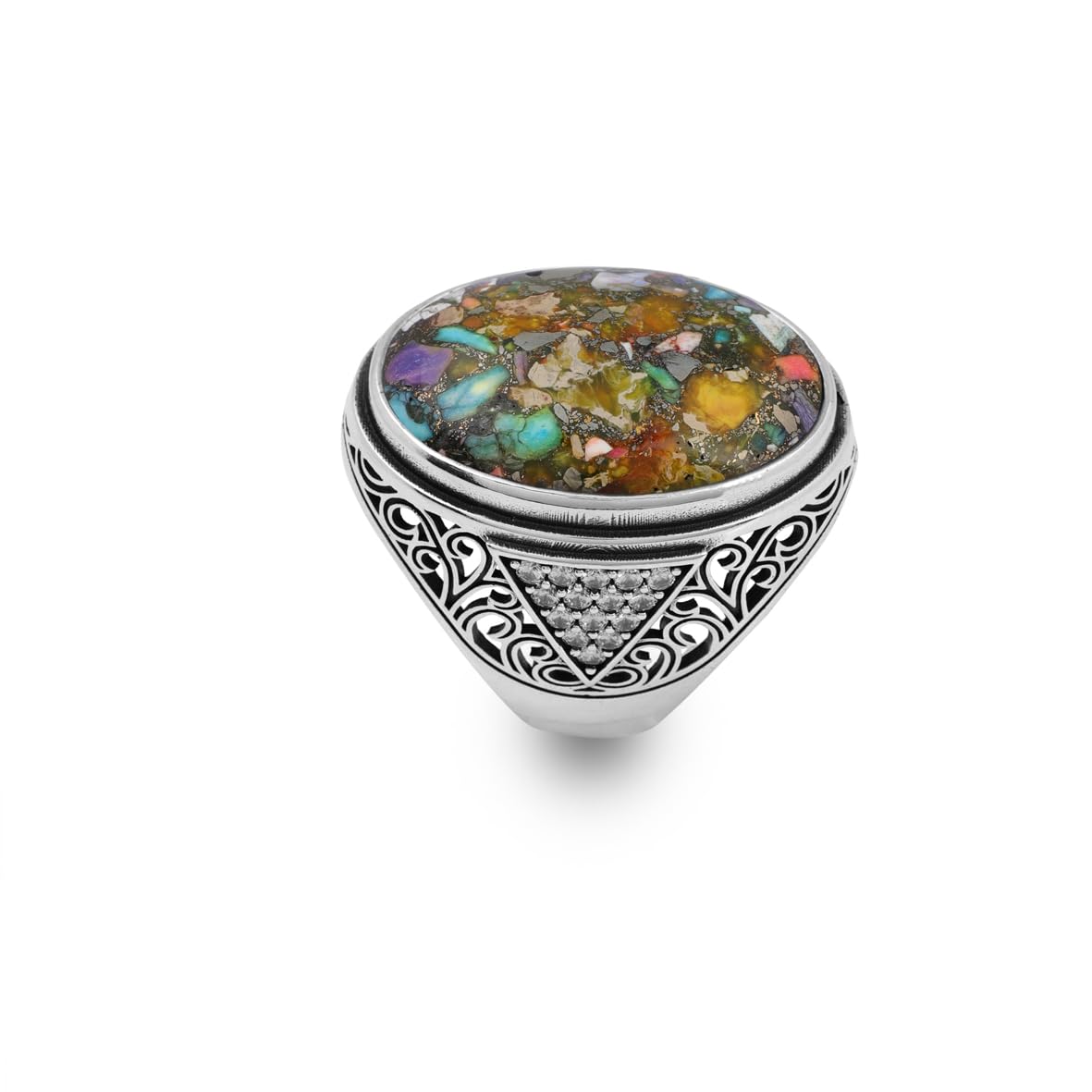 Turquoise Sterling Silver Ring for Men – Special Large Chunky Ring with Gemstone and Micro Sapphire – Ottoman Vintage Handmade Engagement Ring with Custom Engraving