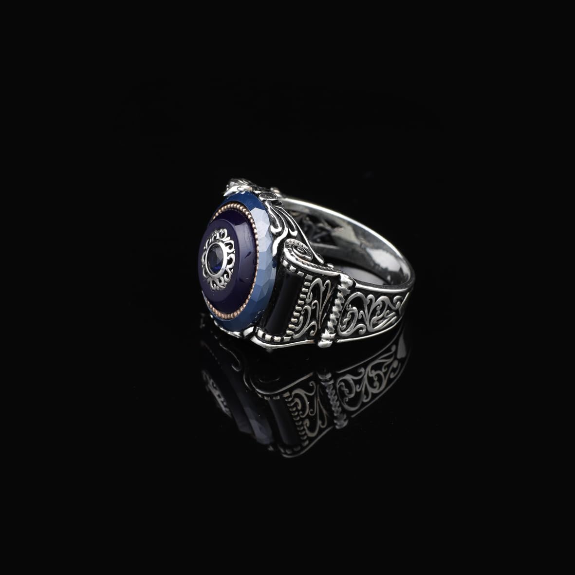 Handmade Blue Tiger Eye Ring for Men - Ottoman Style 925 Sterling Silver Gemstone Jewelry with Polishing Cloth Gift