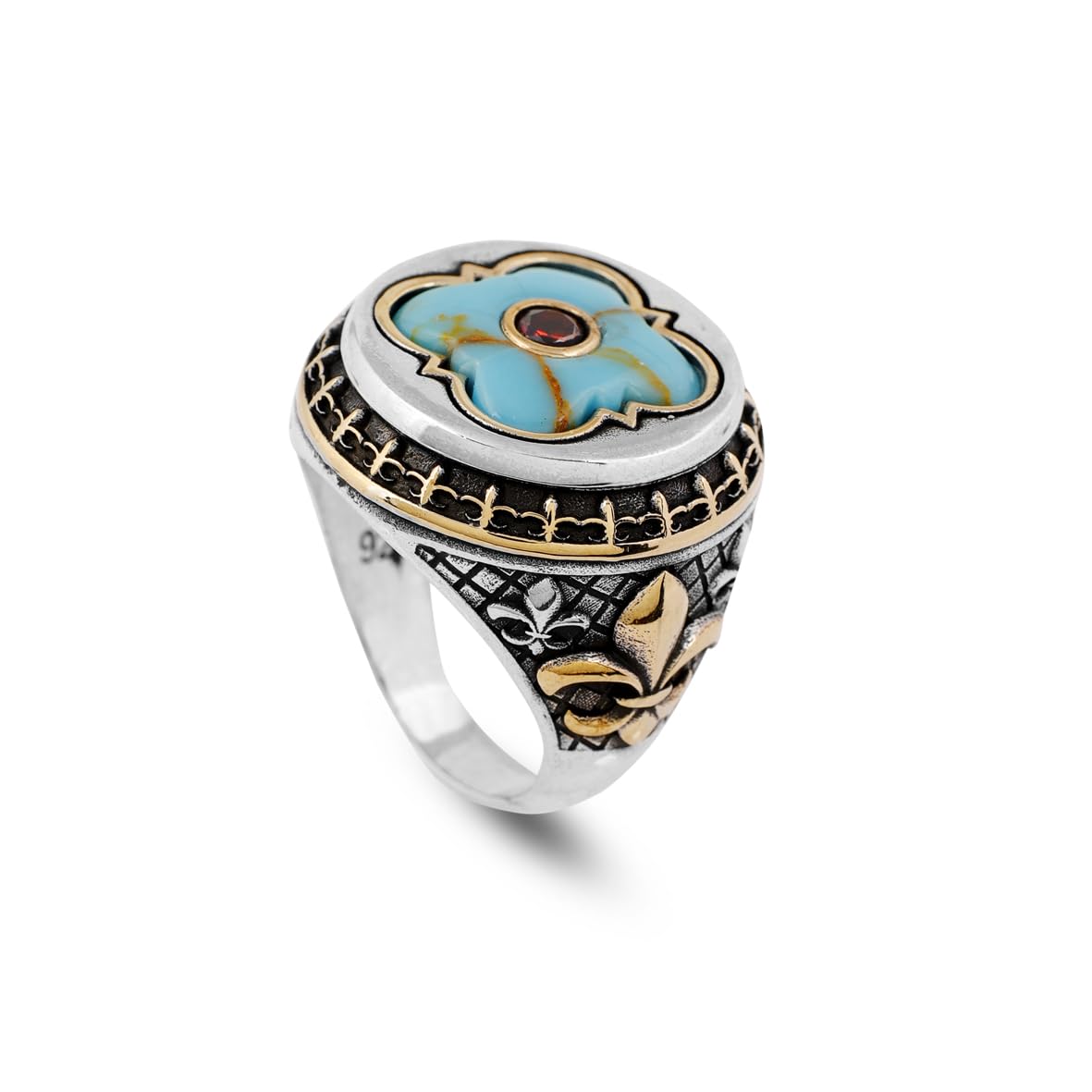 Genuine Turquoise Mens Ring with Micro Ruby Stone - Vintage Handmade 925 Sterling Silver Men's Ring with Silver Polishing Cloth Gift