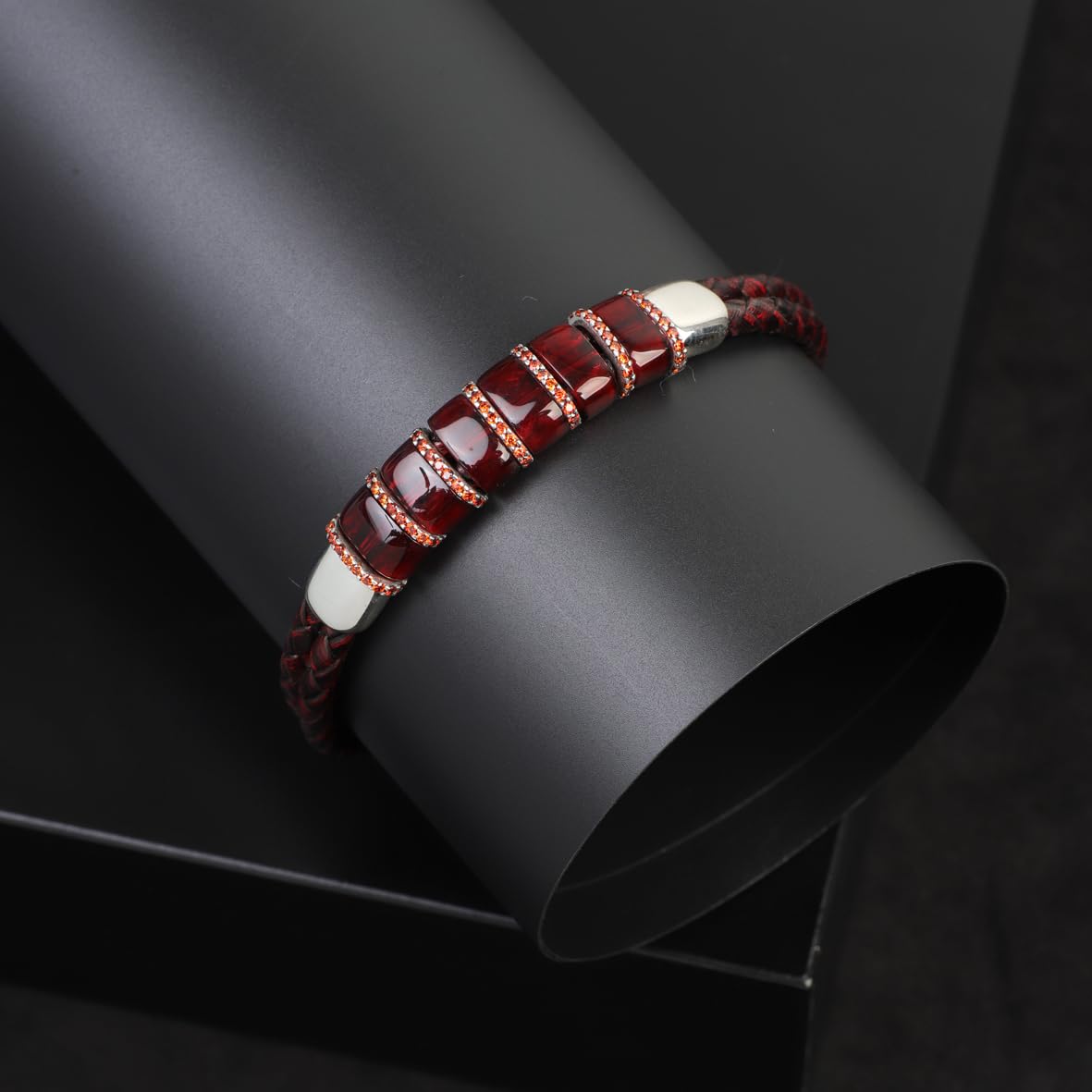 Vintage Men Leather Bracelet with Natural Ruby Stone in Sterling Silver – Personalized