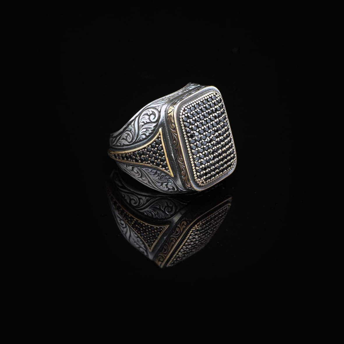Polished Black Onyx and Micro Stone Men's Ring - Vintage 925 Sterling Silver Gemstone Statement Ring