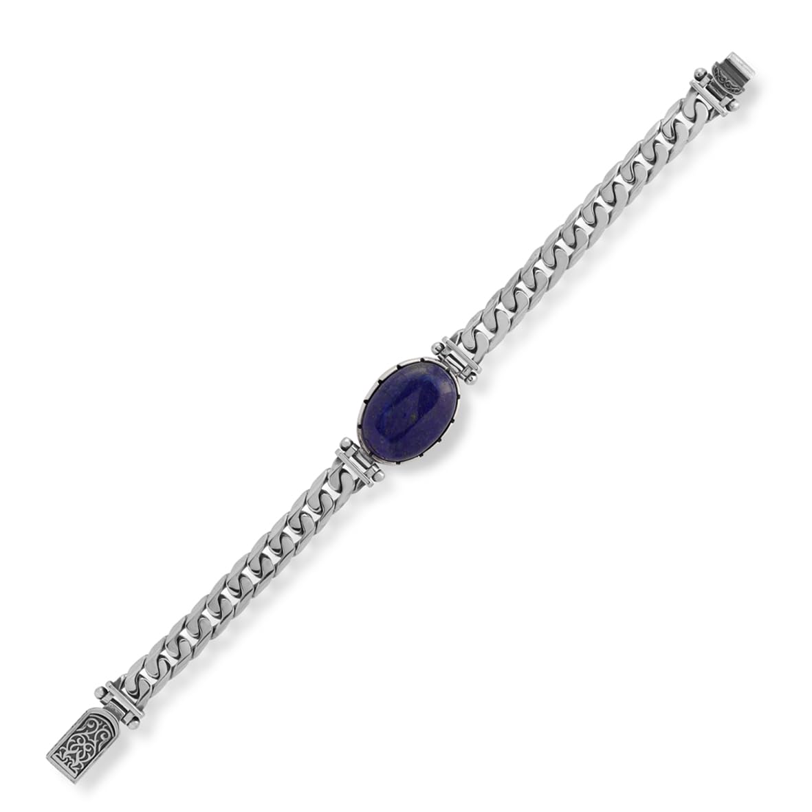 Lapis Lazuli Oval Stone Made to Order Gemstone 925 Sterling Silver Bracelet - Personalized Men's Gothic Vintage Handmade Chain Bracelet with Hand-Engraved Design