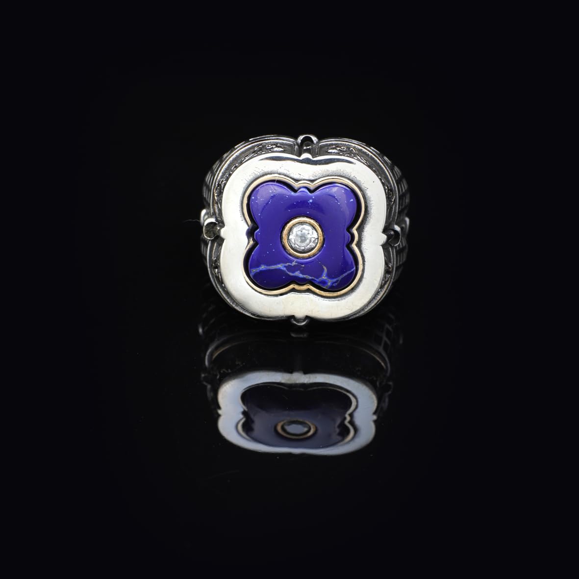 Lapis Lazuli Ring with White Sapphire Accent - Handcrafted Vintage Men's Sterling Silver Sword Gemstone Ring with Micro Stone Detail and Silver Polishing Cloth Gift