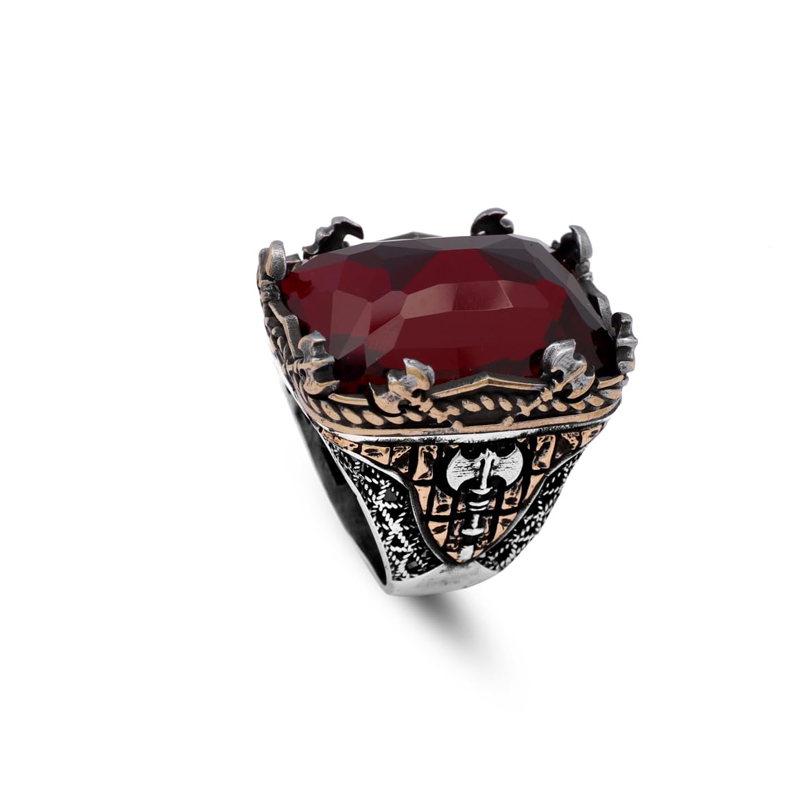 Vintage Large Garnet Ax Ring for Men - 925 Sterling Silver Turkish Handmade Polished Engagement Ring with Silver Polishing Cloth Gift