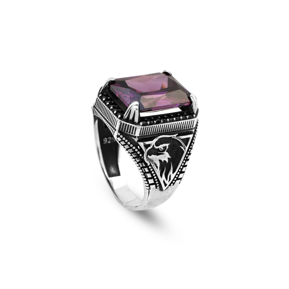 Vintage Amethyst Eagle Signet Ring – Handmade Sterling Silver Ring for Men with Gemstone – Custom Engraved Engagement Ring – Mens Silver Rings with Gift Silver Polishing Cloth