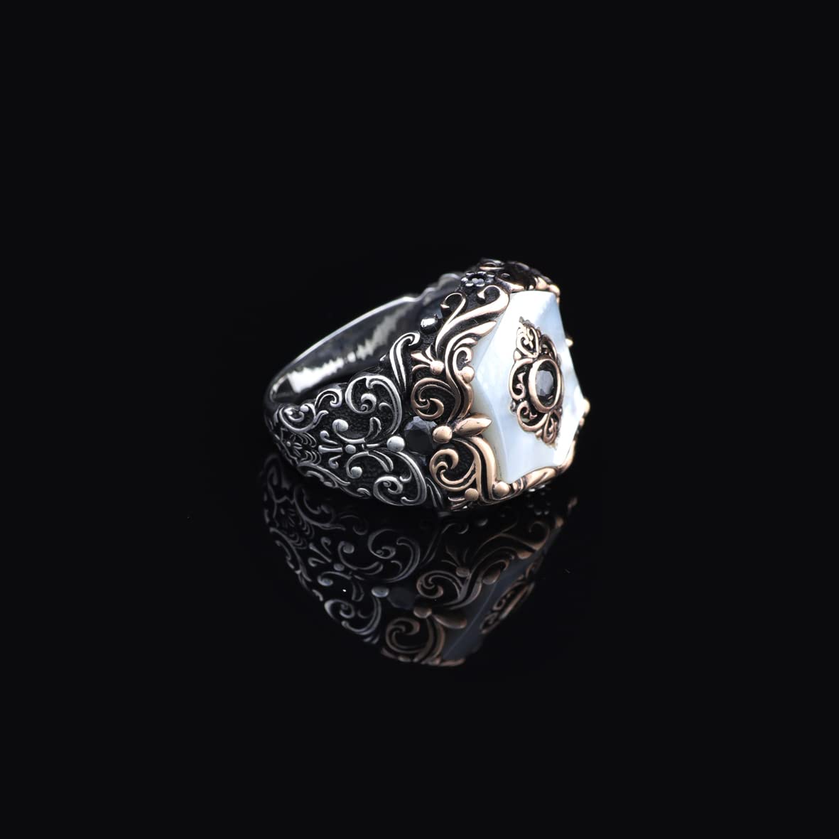 Vintage Ottoman Style Mother of Pearl and Onyx Silver Ring