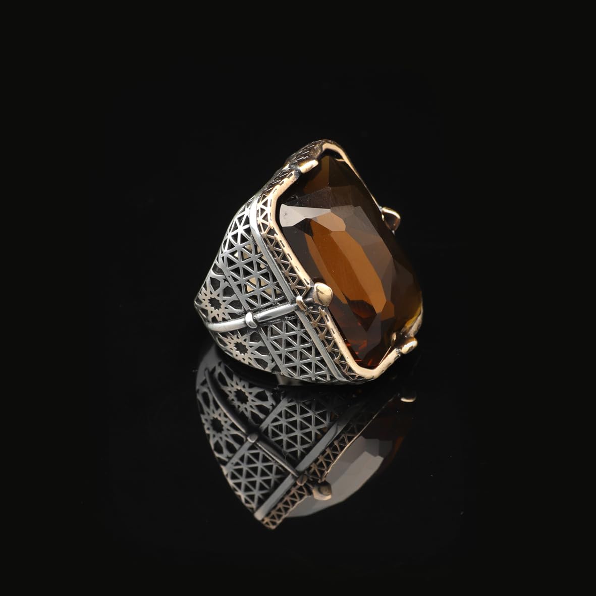 Vintage Large Citrine Ring for Men - 925 Sterling Silver Turkish Handmade Polished Engagement Ring with Silver Polishing Cloth Gift