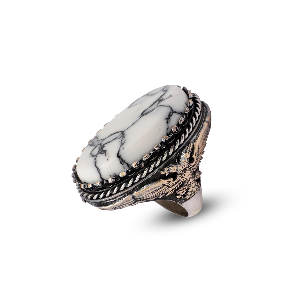 Vintage White Turquoise Eagle Ring for Men - Large Oval Stone 925 Sterling Silver Turkish Handmade Polished Engagement Ring with Silver Polishing Cloth Gift
