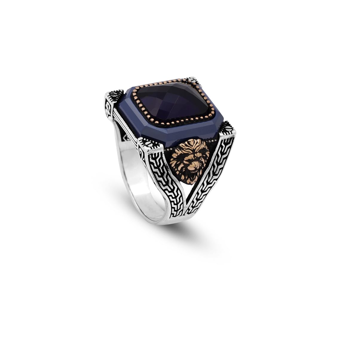 Vintage Blue Tiger Eye Ring with Lion Design - Men's Gemstone Ring in 925 Sterling Silver - Turkish Style Polished Engagement Ring - Handmade with Silver Polishing Cloth Gift