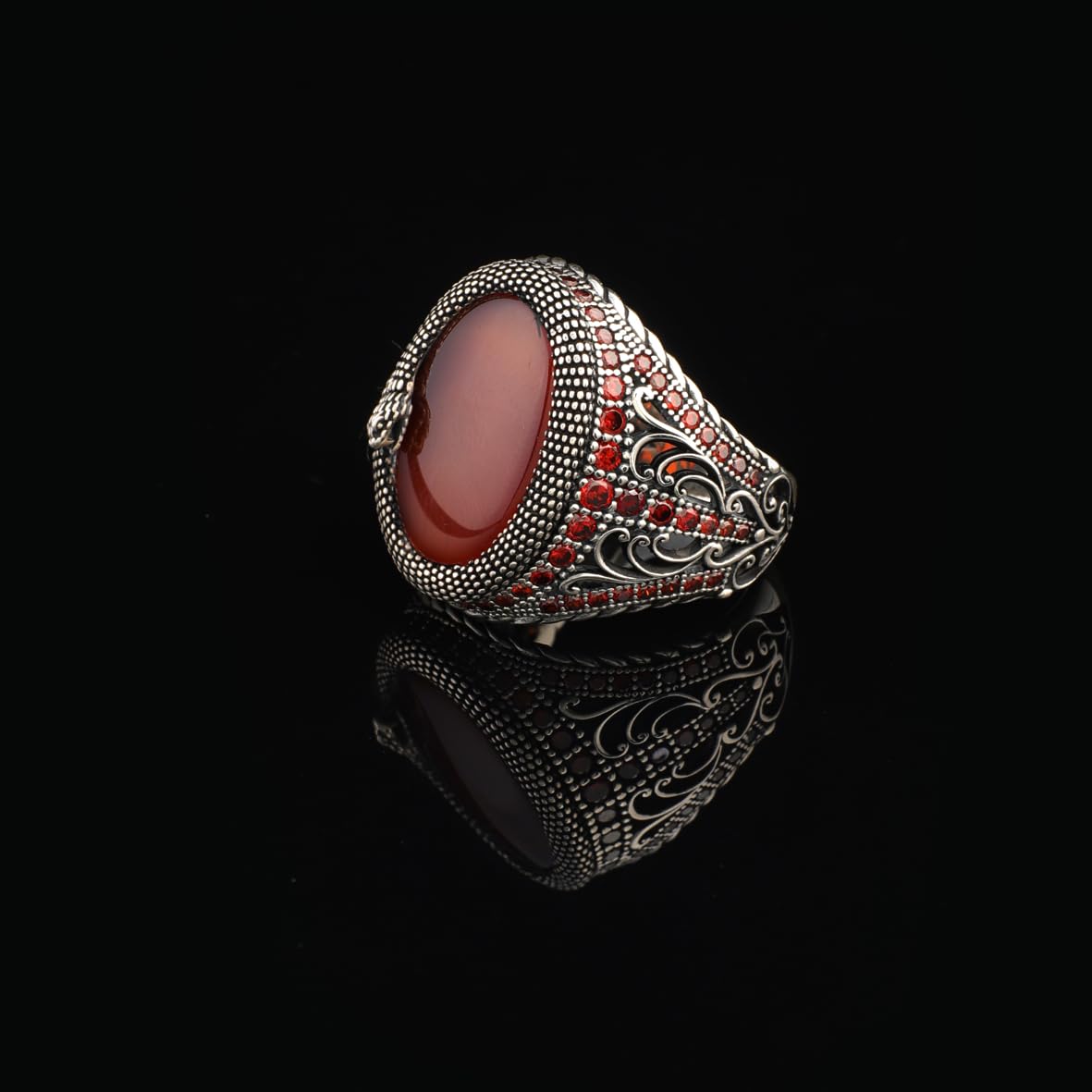 Men’s Snake Carnelian Ring - Handmade Animal Pinky Ring in Sterling Silver