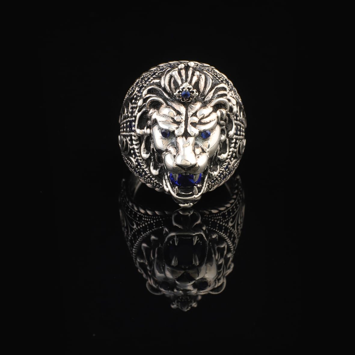 Handmade Sapphire Lion Pinky Ring - Vintage Ottoman Style Sterling Silver Animal Engagement Ring for Men with Gemstone & Custom Engraving