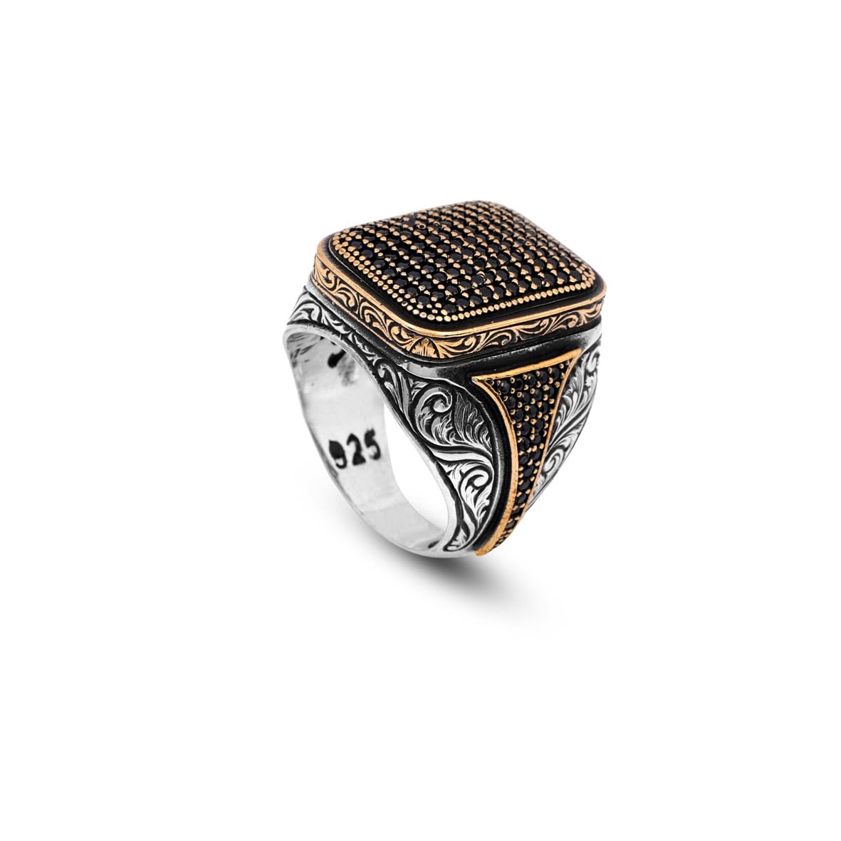 Polished Black Onyx and Micro Stone Men's Ring - Vintage 925 Sterling Silver Gemstone Statement Ring