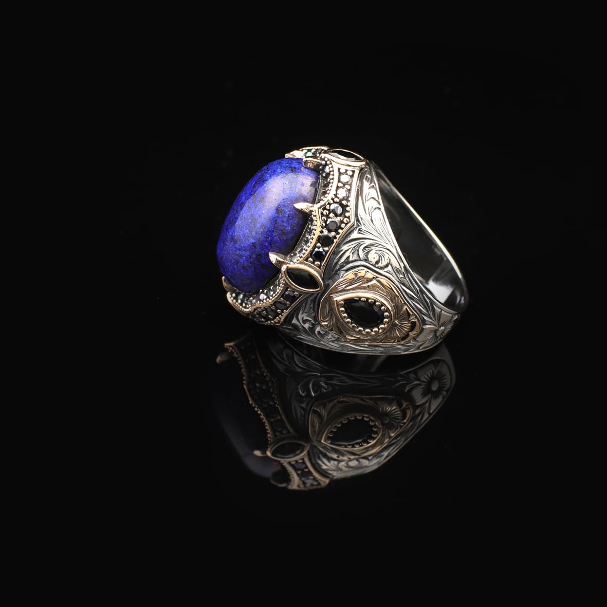 Lapis Lazuli Ring with Micro Onyx Stone – Ottoman Style Vintage Gemstone Sterling Silver Engagement Ring for Men – Handmade with Custom Engraving + Gift Silver Polishing Cloth