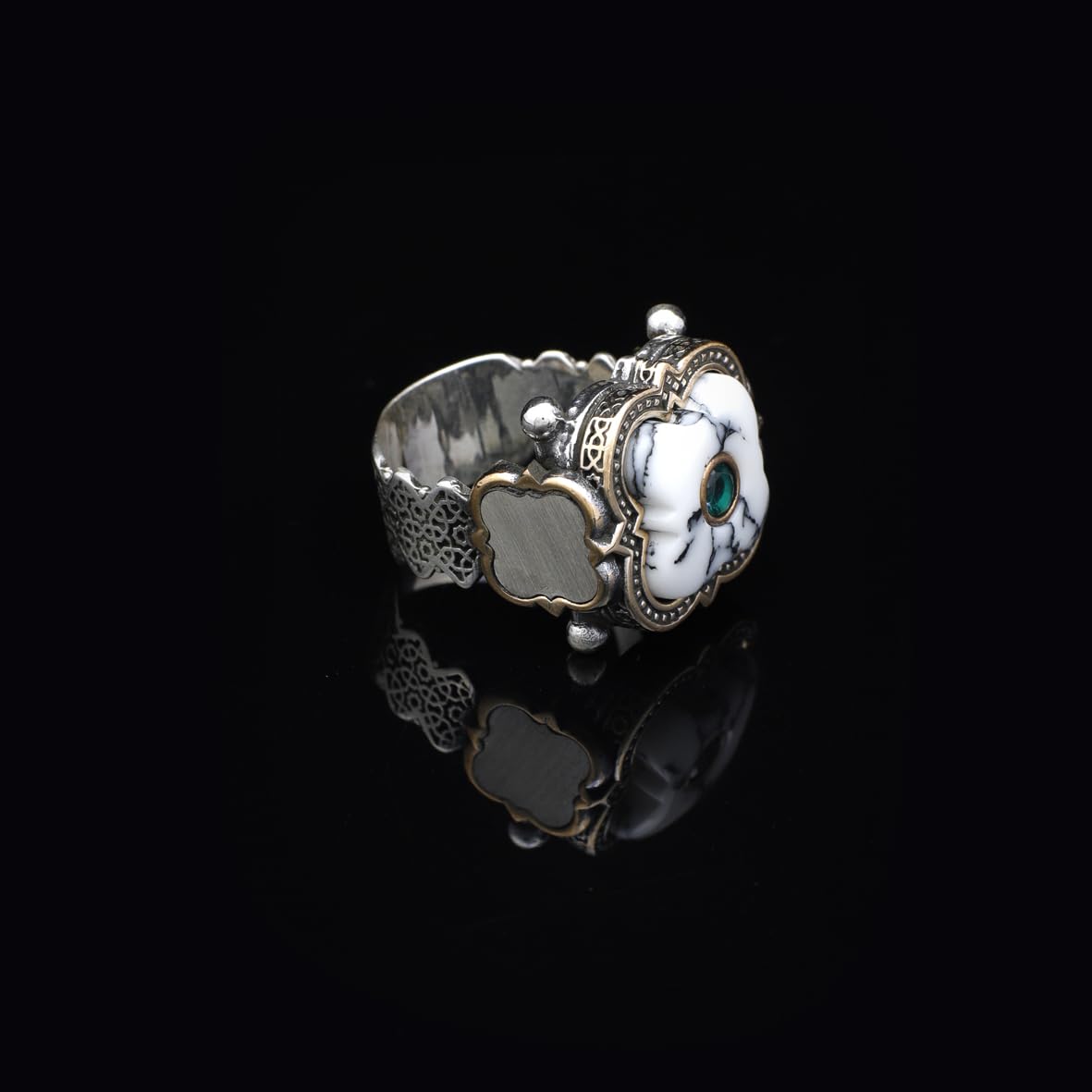 Genuine White Turquoise & Emerald Men's Ring
