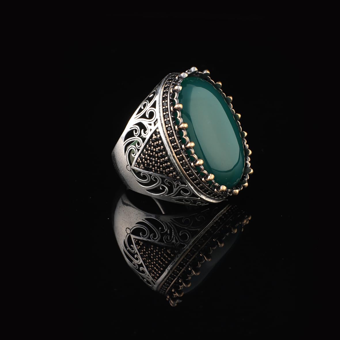 Handmade Jade Ring with Micro Sapphire - Chunky Sterling Silver Engagement Ring for Men - Vintage Ottoman Style with Custom Engraving - Gift Silver Polishing Cloth Included