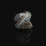 Black Onyx Ring with Micro Turquoise Stone – Large Oval Vintage Men’s Ring in Polished 925 Sterling Silver — image 5