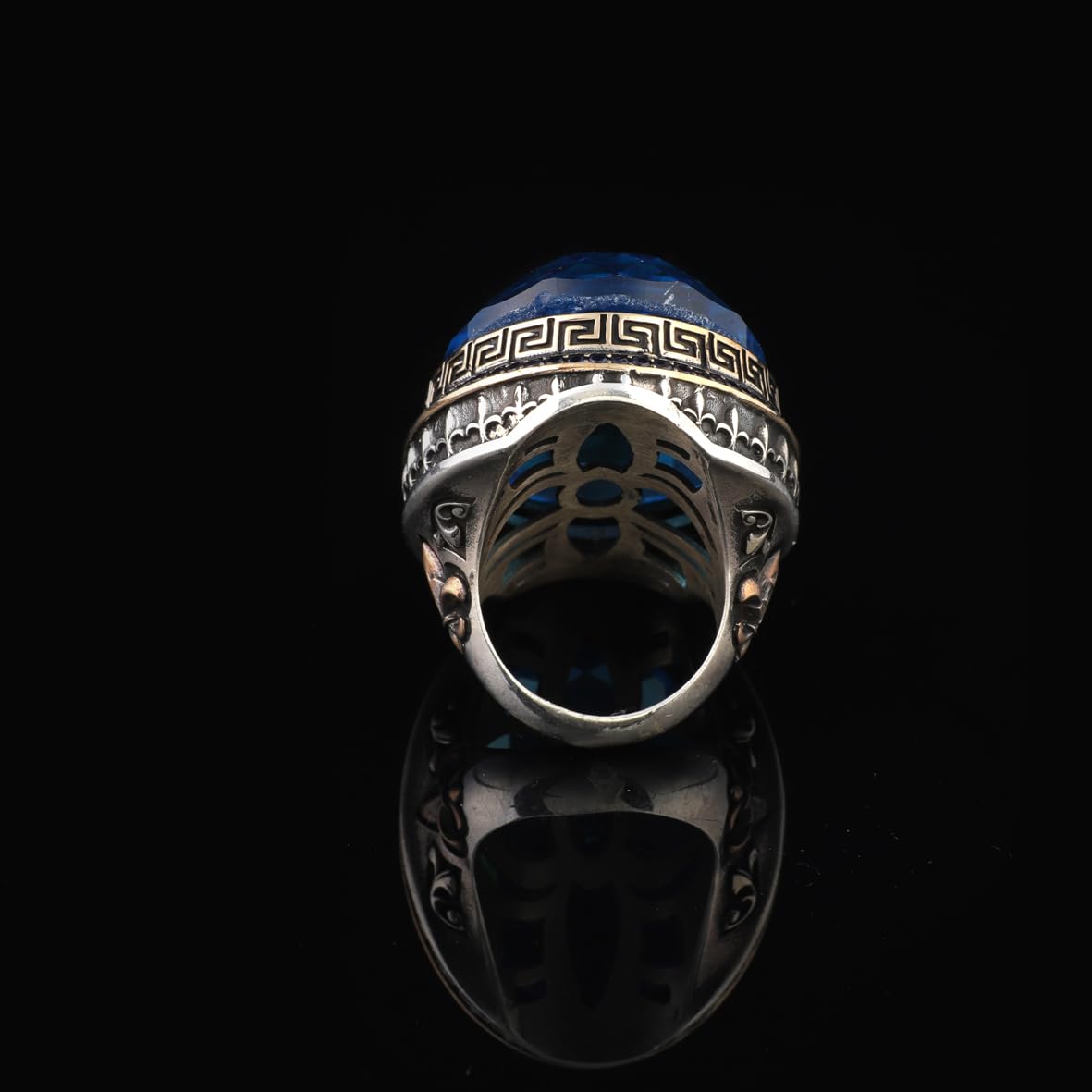 Handmade Iris Flower Model Aquamarine Ring - Chunky Sterling Silver Gemstone Ring for Men