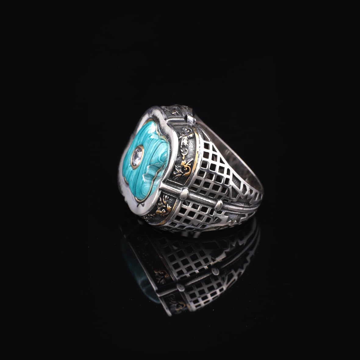Vintage Handmade Malachite and White Sapphire Sword Ring - 925 Sterling Silver Men's Ring with Micro Stone Accent and Silver Polishing Cloth Gift