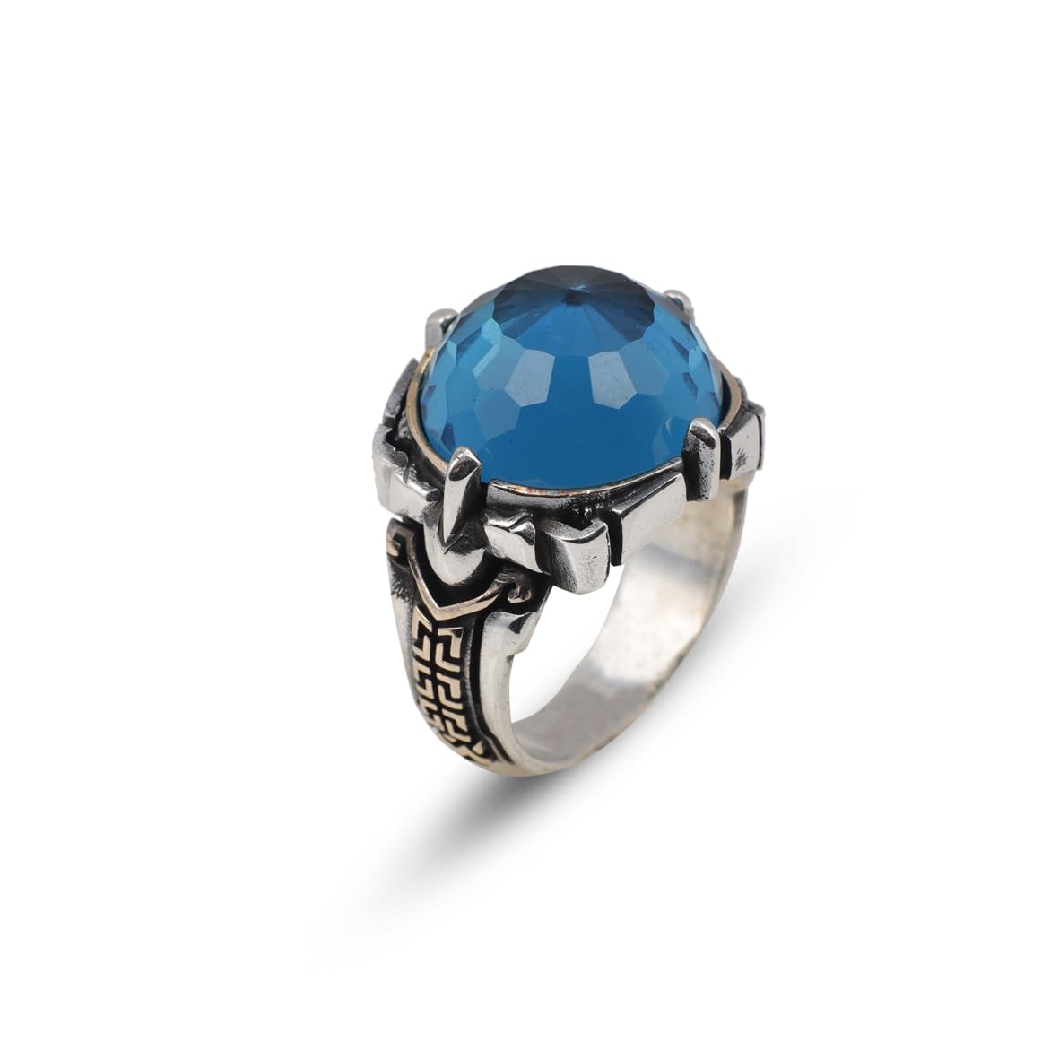 Men's Ring - Man Silver Aquamarine Stone Gemstone Ring in 925 Sterling Silver