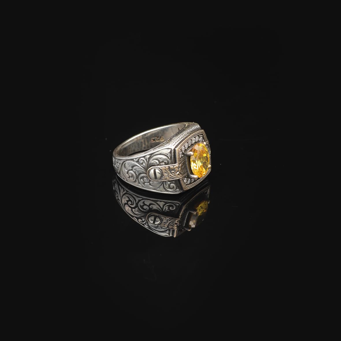 Citrine Pinky Ring with Micro Stone - Vintage Style Men's Gemstone Ring in 925 Sterling Silver - Turkish Handmade Polished Engagement Ring with Silver Polishing Cloth Gift