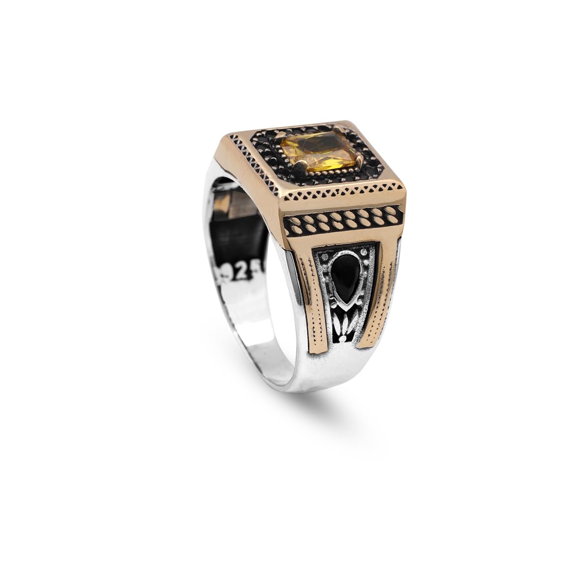 Vintage Citrine Pinky Ring with Micro Onyx Stone – Handmade Sterling Silver Gemstone Signet Ring for Men – Custom Engraving Engagement Ring with Gift Silver Polishing Cloth