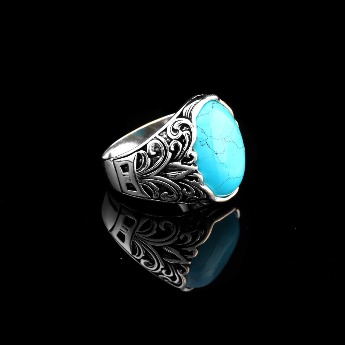 925 Sterling Silver Men's Turquoise Gemstone Ring – Large Oval Ottoman Ring
