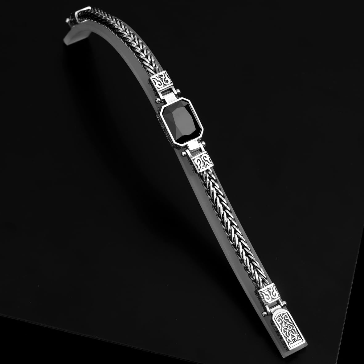 Handmade Gothic Onyx Bracelet – Vintage Sterling Silver Mens Chain Bracelet