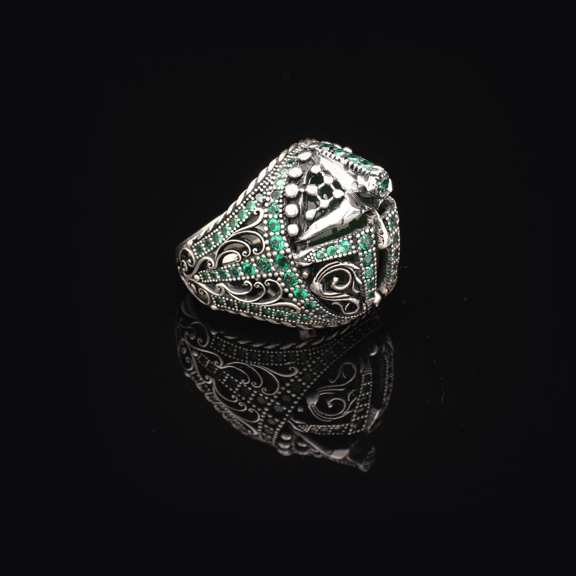 Vintage Helmet Ring for Men with Micro Jade Stone
