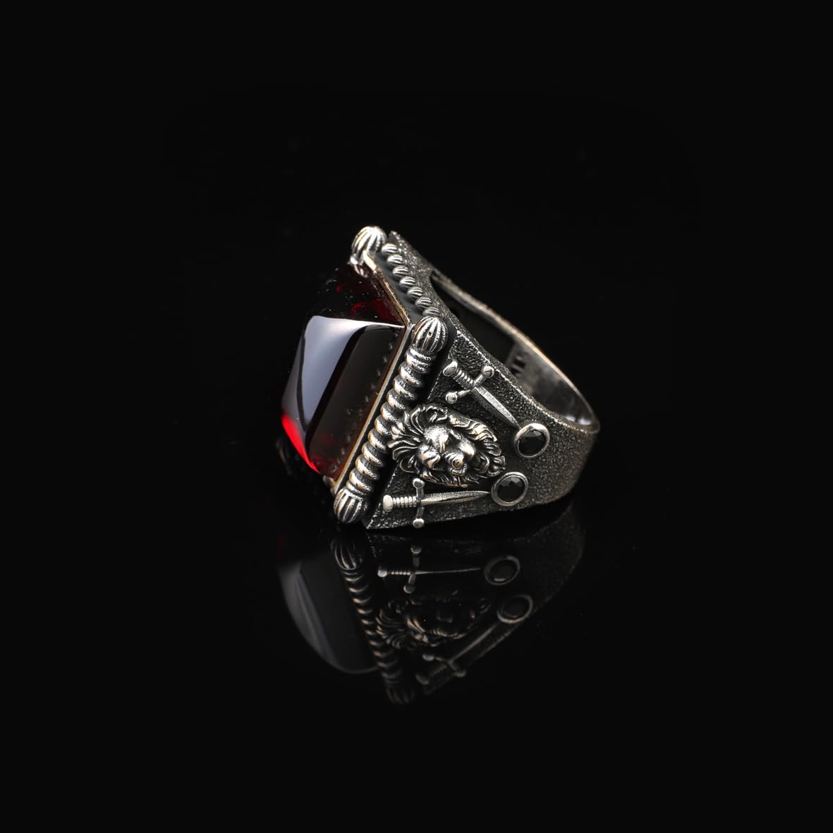 Ruby Lion Ring with Sword Design – Vintage Handmade Sterling Silver Ring for Men